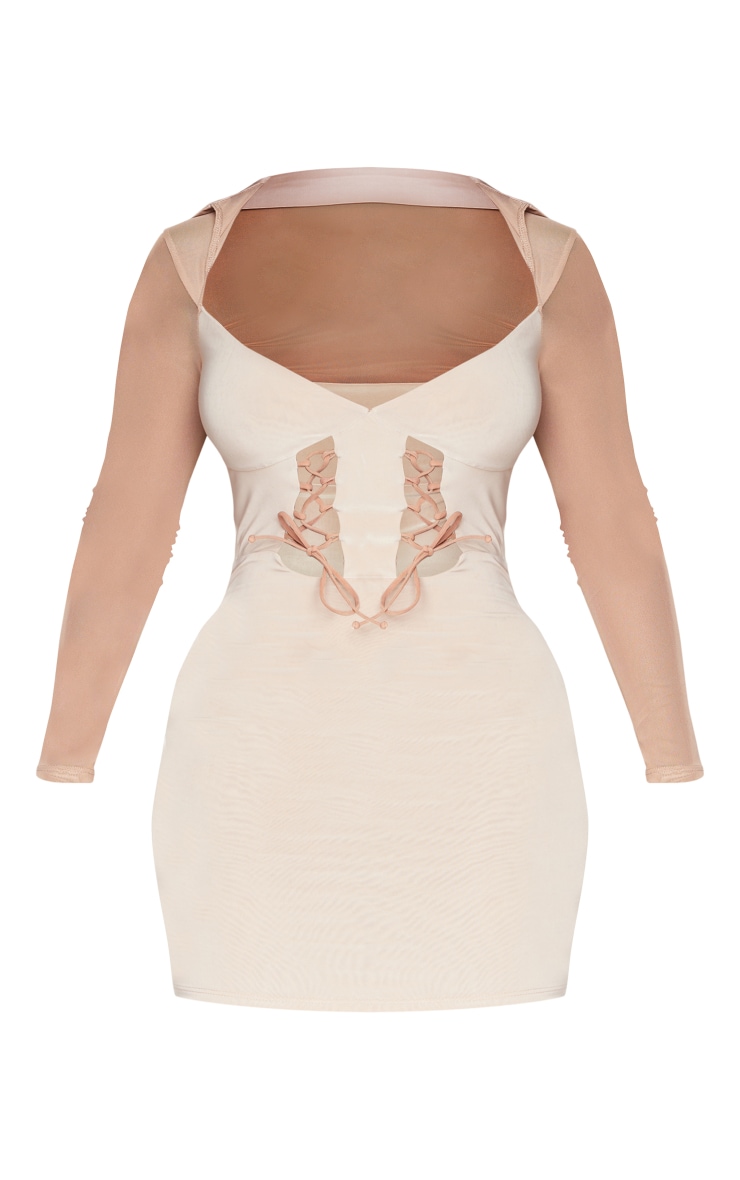 Shape Stone Mesh Lace Up Front Long Sleeve Bodycon Dress image 5