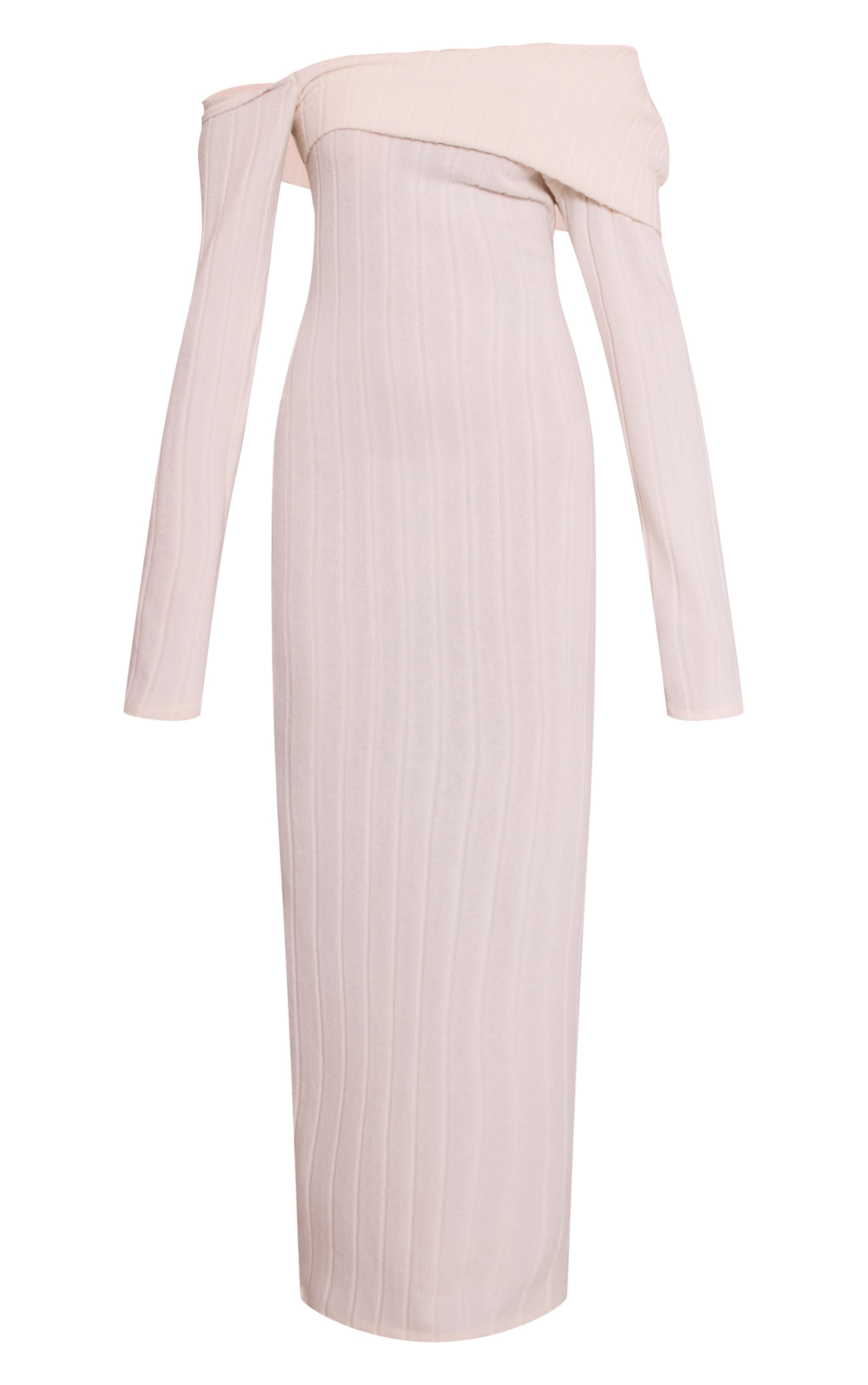 Robe longue brossée côtelée crème à détail replié asymétrique et manches longues image 5