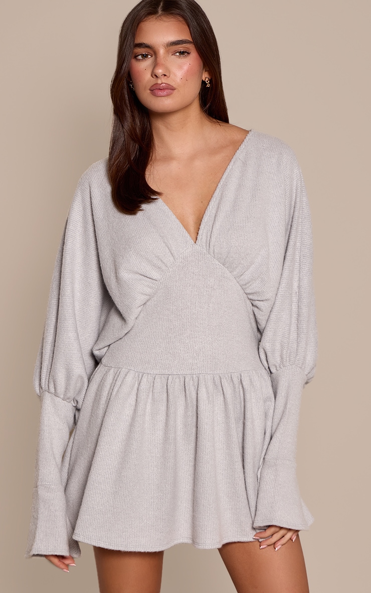 Light Grey Brushed Rib V Neck Slouchy Long Sleeve Shift Dress image 1