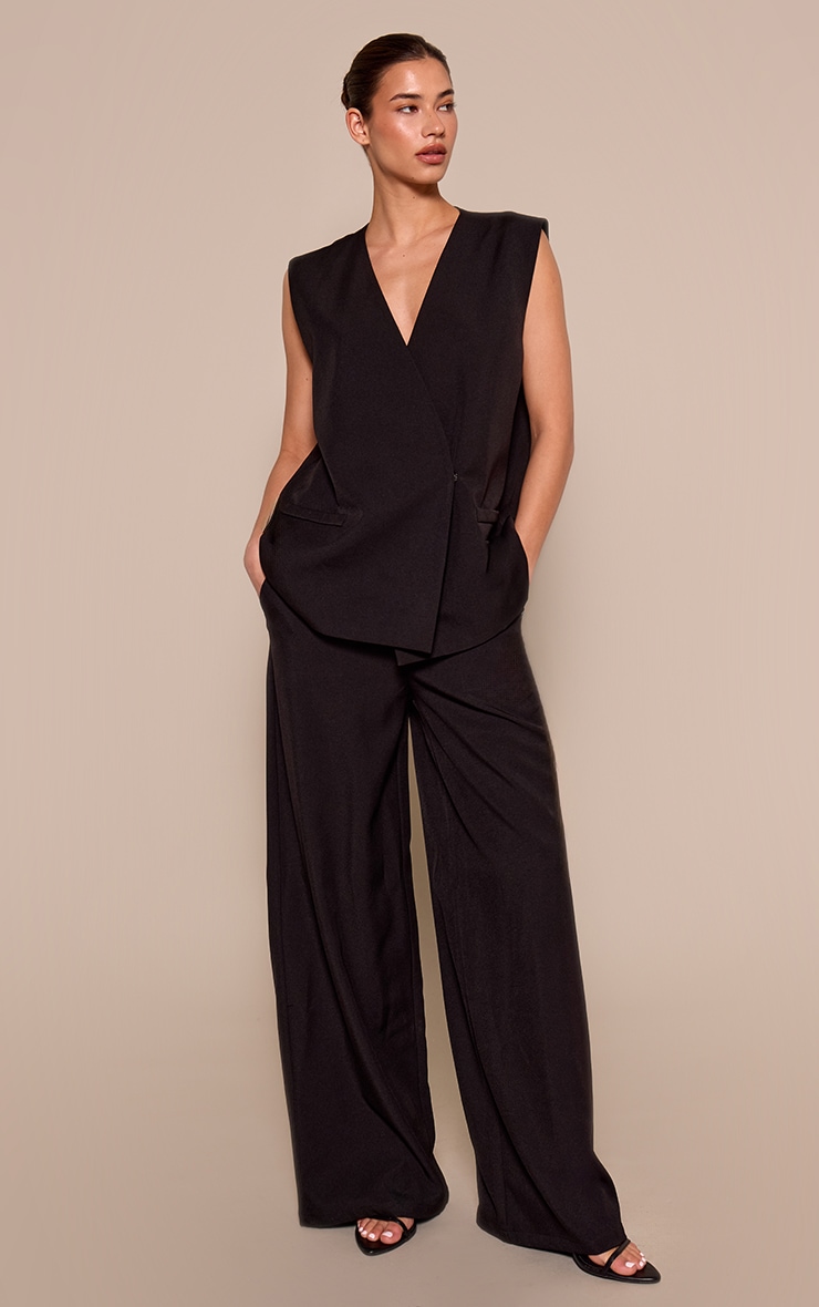 Pantalon large tissé noir plissé à taille mi-haute