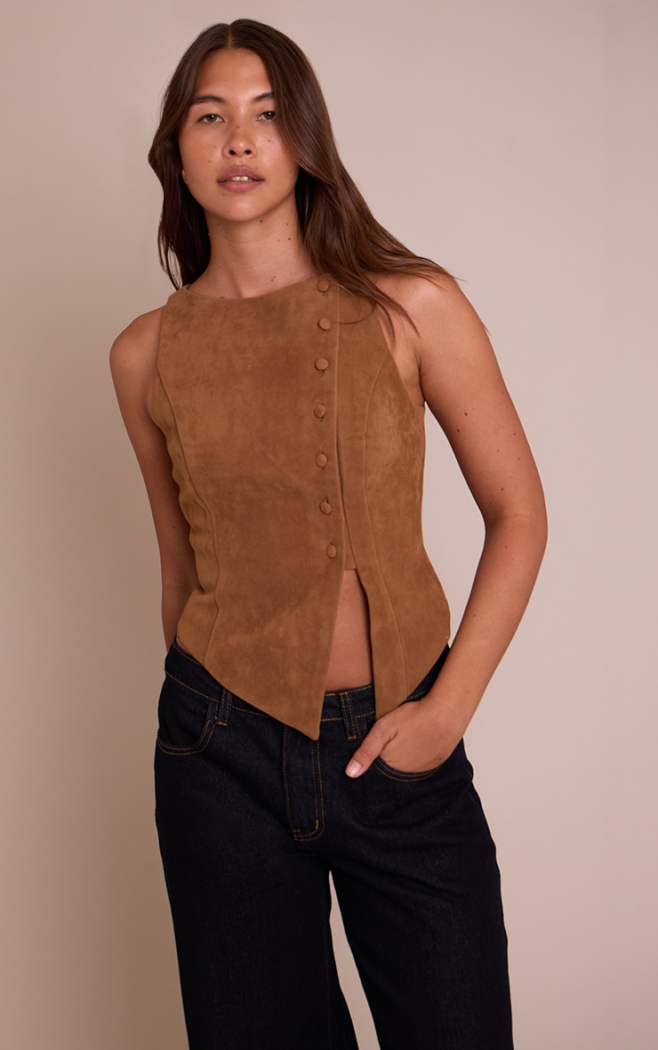 Tan Faux Suede Asymmetric Button Detail Waistcoat | Tops