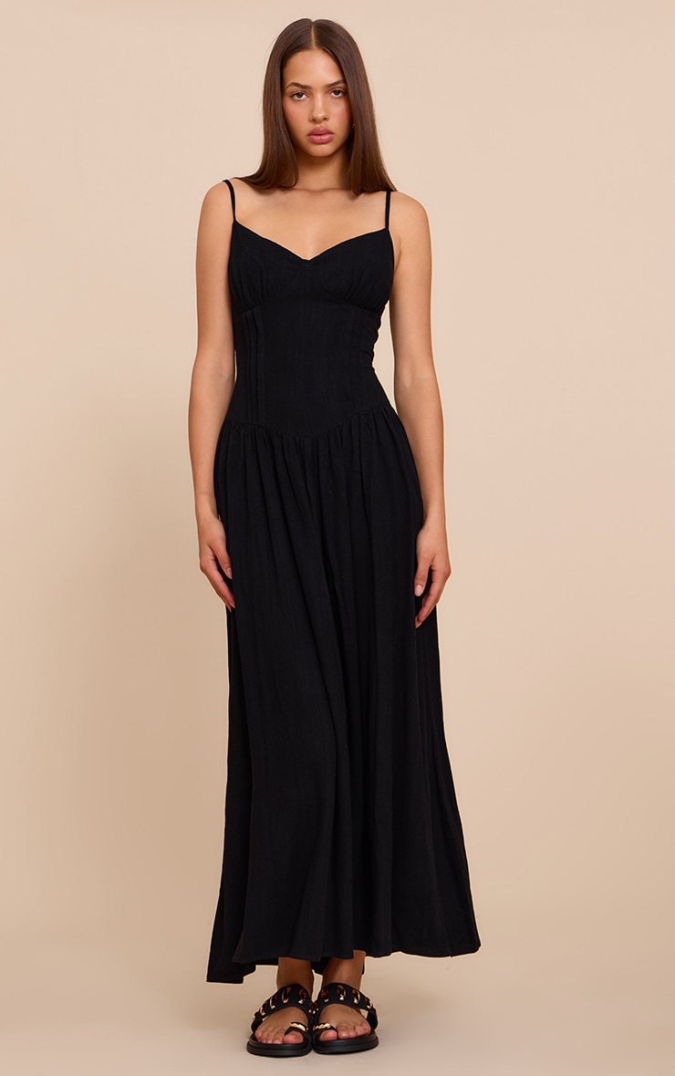 Black Textured Woven Pleat Detail Maxi Dress image 1