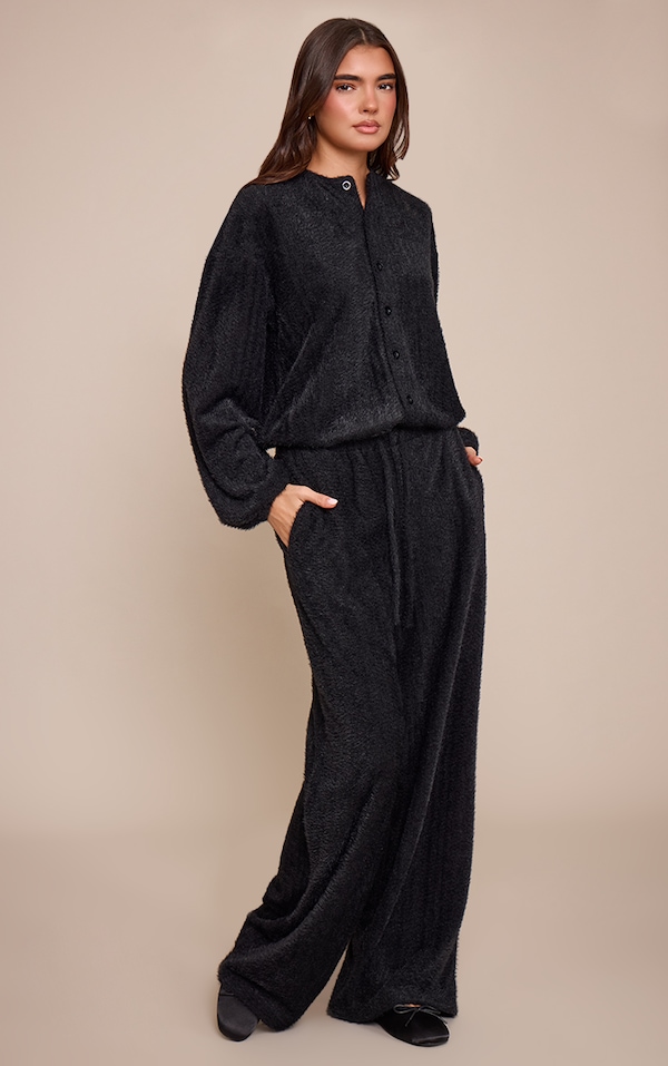 Black Textured Wide Leg Drawstring Pants