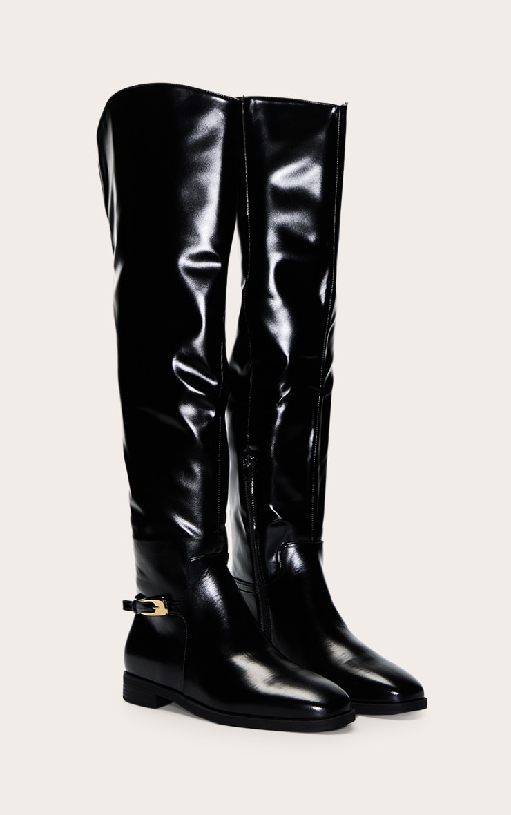 Black Patent Buckled Over The Knee Flat Boot image 3