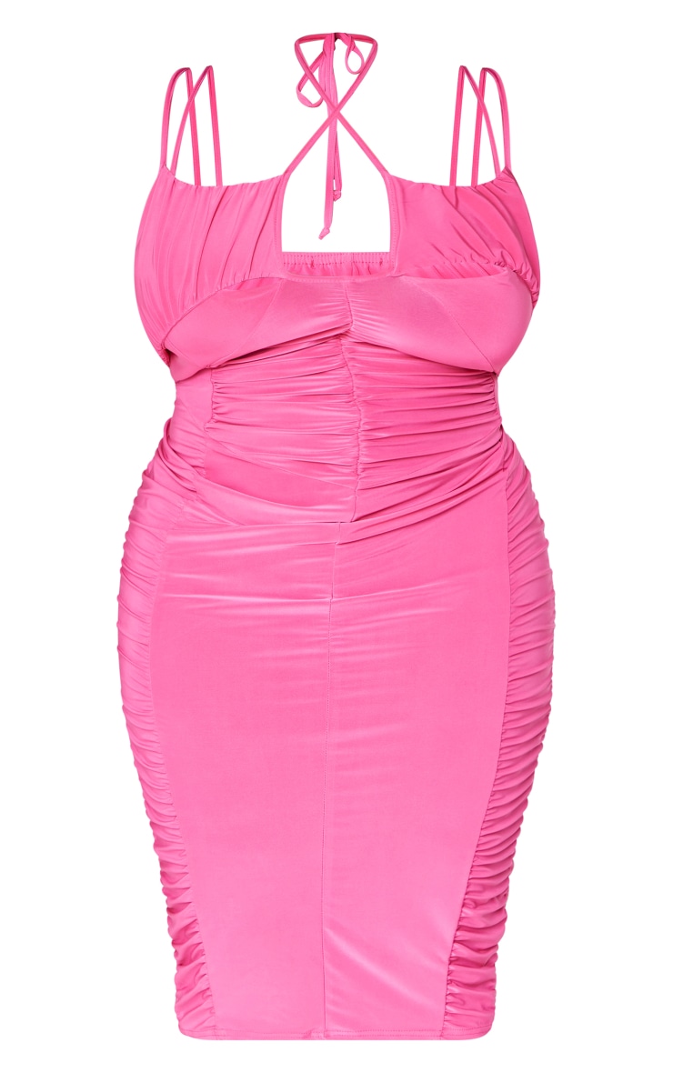 Plus Pink Slinky Ruched Tie Neck Midi Dress Plus Size PLT KSA