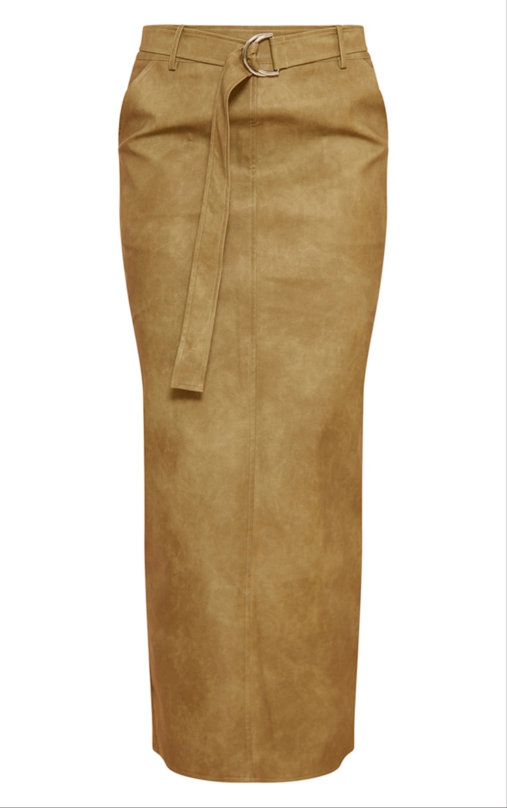 Premium Olive Washed Faux Leather Belted Maxi Skirt image 2