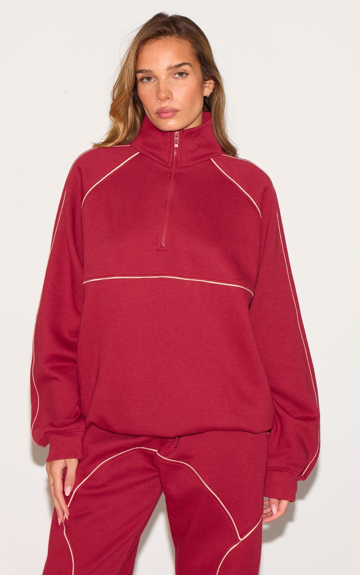 Red Oversized Contrast Piping Quarter Zip Sweatshirt image 1