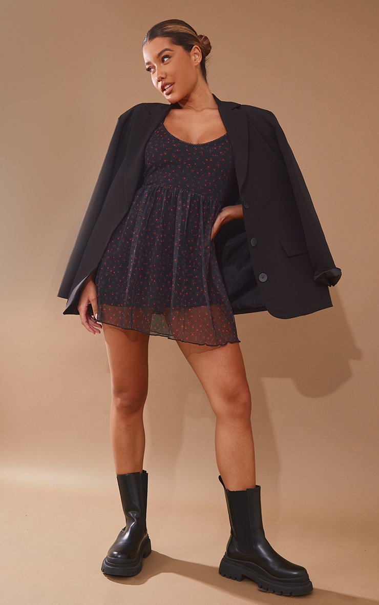 Robe patineuse en mesh noir imprimé petites fleurs à manches courtes image 3