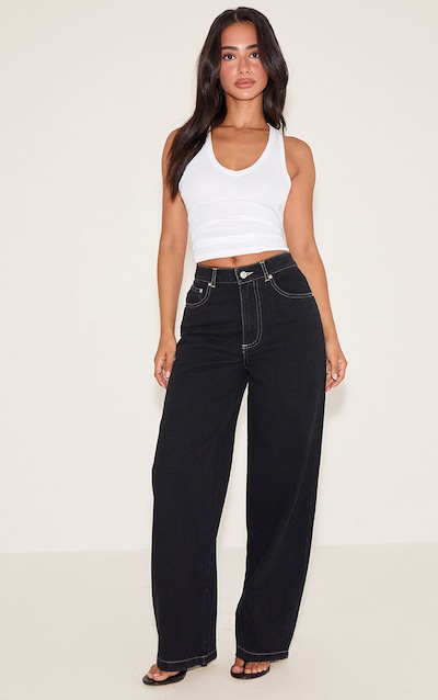 Petite Washed Black Contrast Stitch Straight Leg Denim Jeans