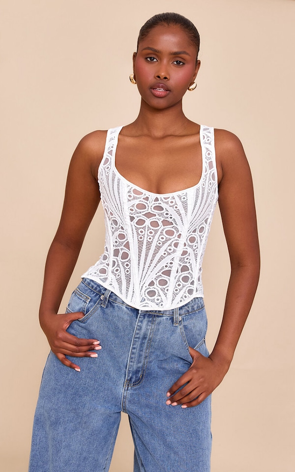 White Textured Sheer Floral Square Neck Corset