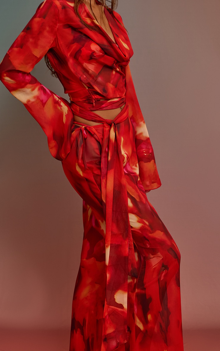 Red Printed Chiffon Low Rise Maxi Skirt image 2