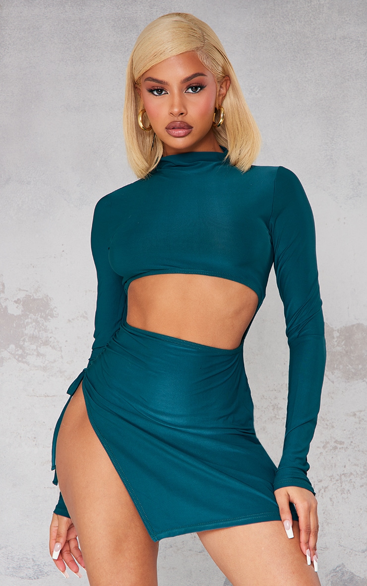 Emerald Green Slinky High Neck Cut Out Long Sleeve Bodycon Dress