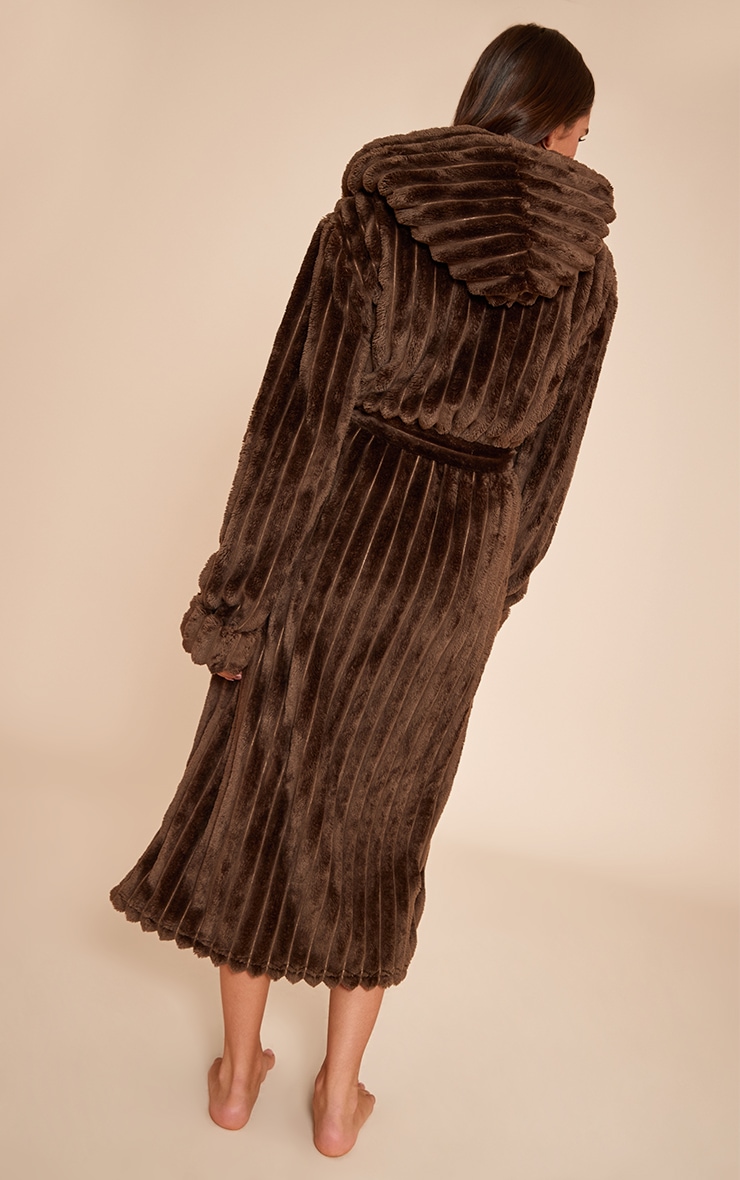Chocolate Fleece Piping Detail Hooded Dressing Gown image 2