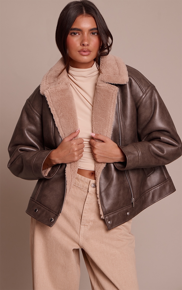Brown Borg Collar Faux Leather Aviator image 1