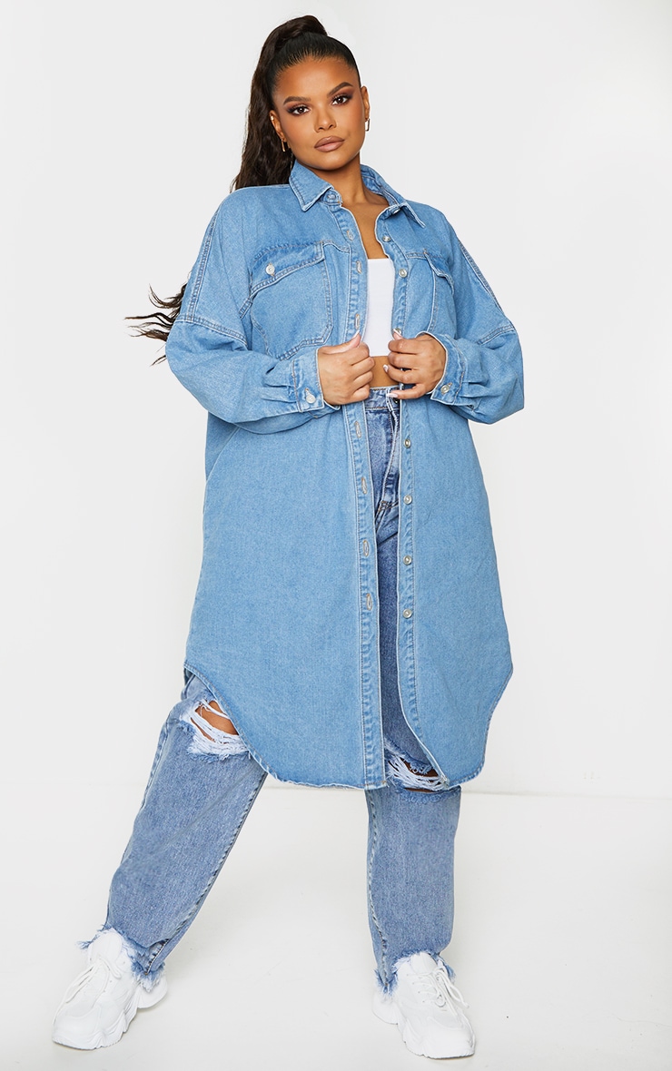 PLT Plus - Chemise bleu délavé en jean longue oversize