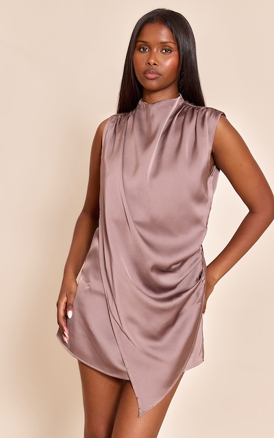 Taupe Satin Draped Tie Mini Dress