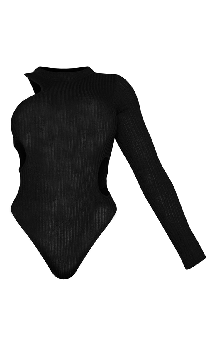 Shape Black Sheer Knit Cut Out One Sleeve Bodysuit image 5