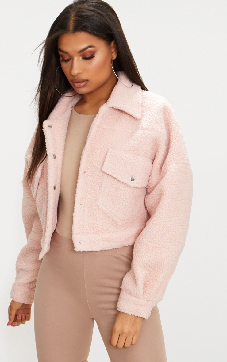 Blush Borg Cropped Trucker Jacket