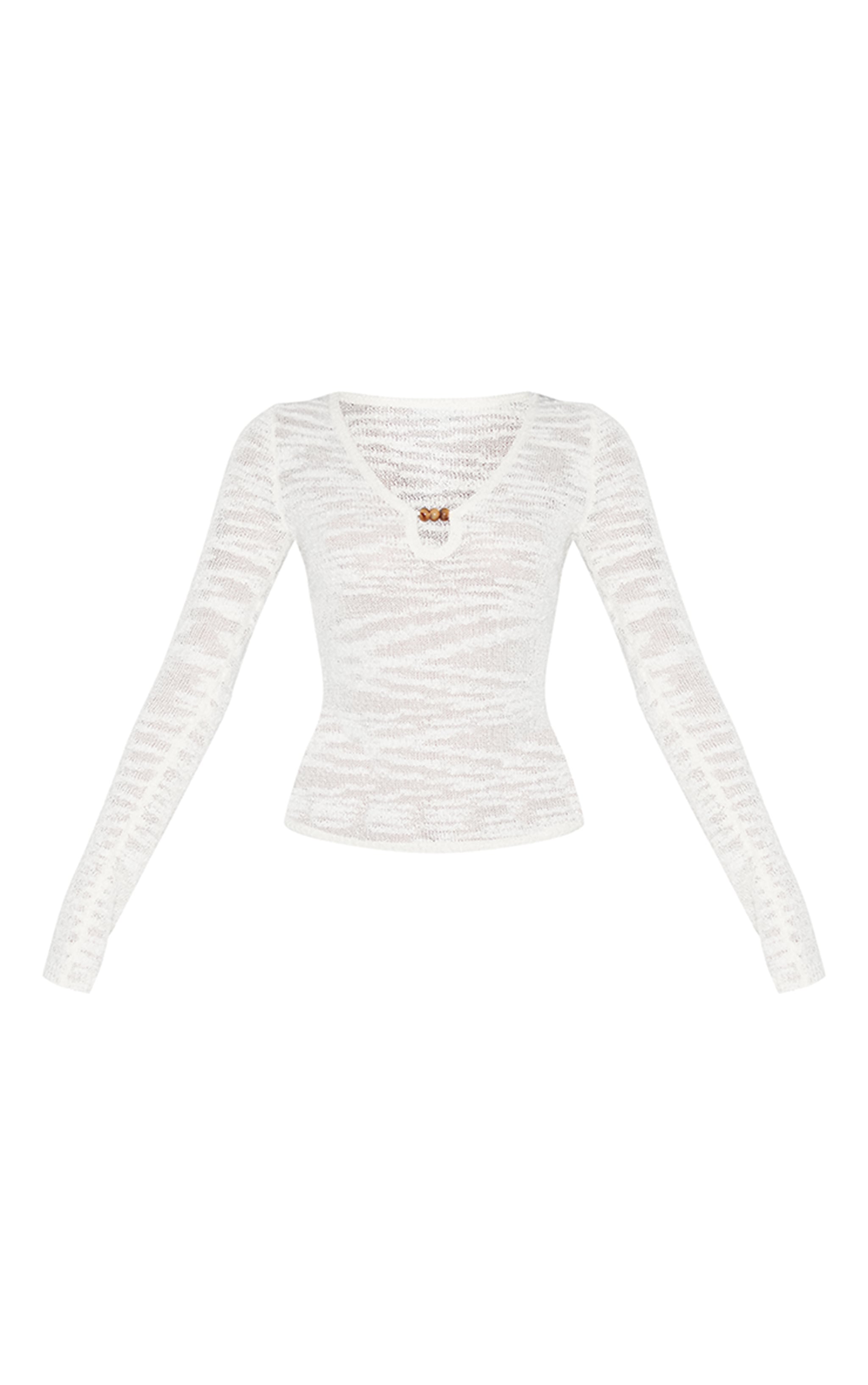 Ecru Sheer Bobble Crochet Long Sleeve Beaded Keyhole Cut Out Top image 5