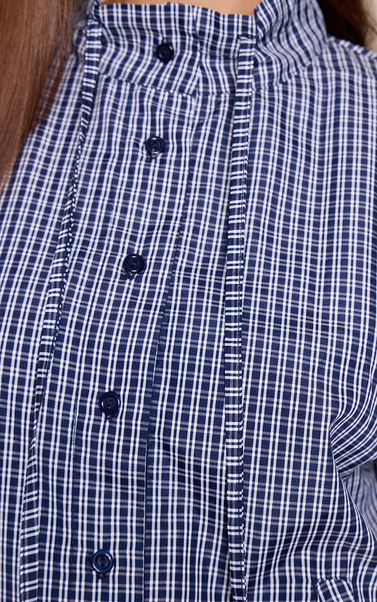 Navy Checked Print Funnel Neck Elasticated Waist Shirt image 4