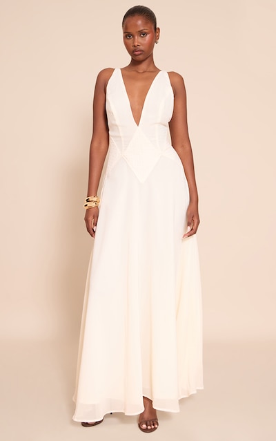 White Plunge Textured Detail Maxi Dress