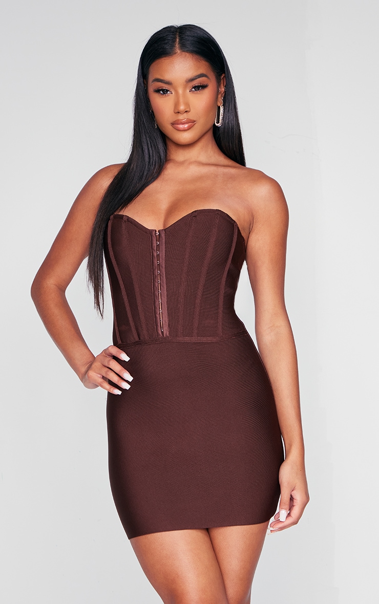 Chocolate Bandeau Bandage Hook & Eye Bodycon Dress image 1