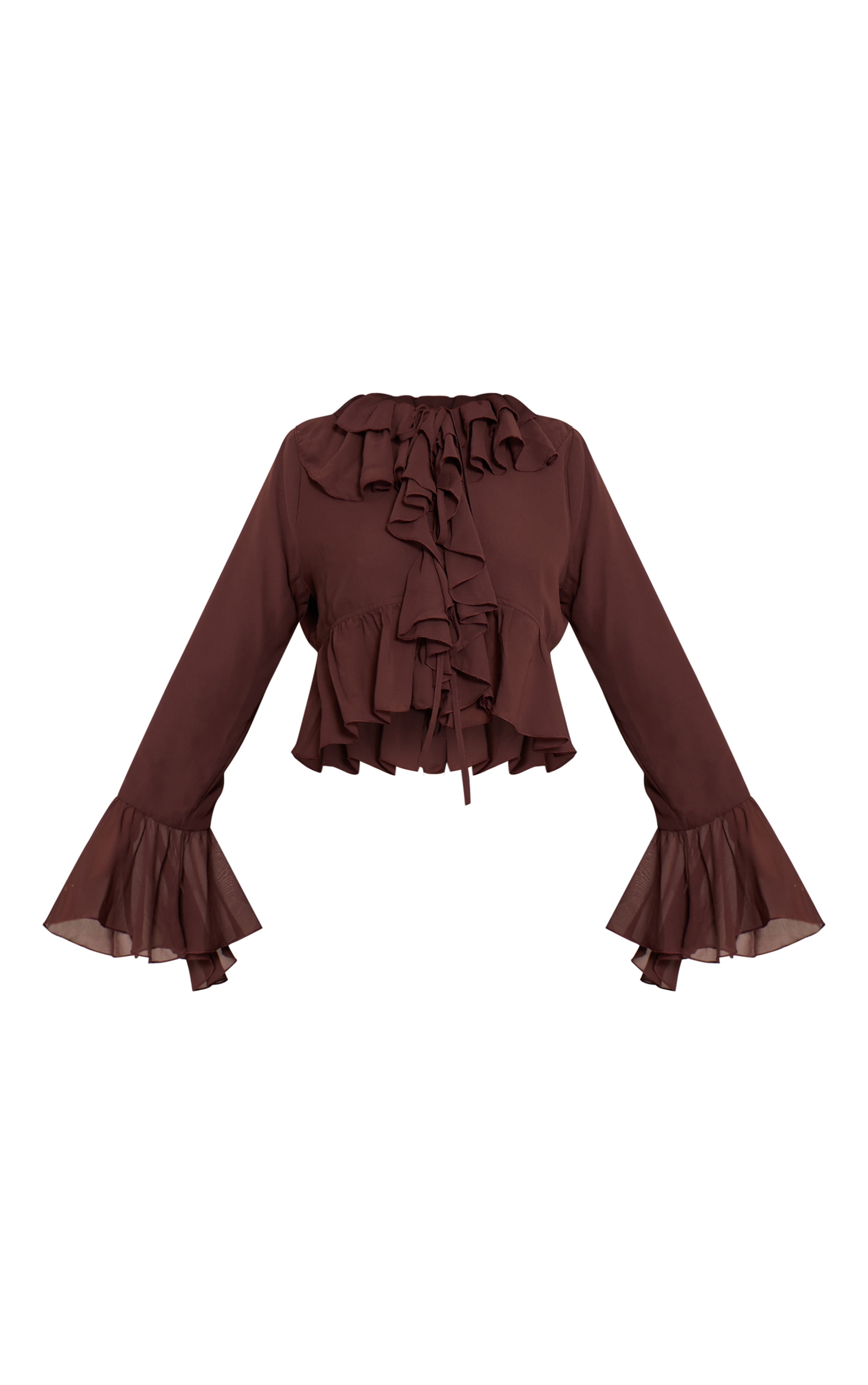 Petite Chocolate Ruffle Detail Long Sleeve Tie Top image 5