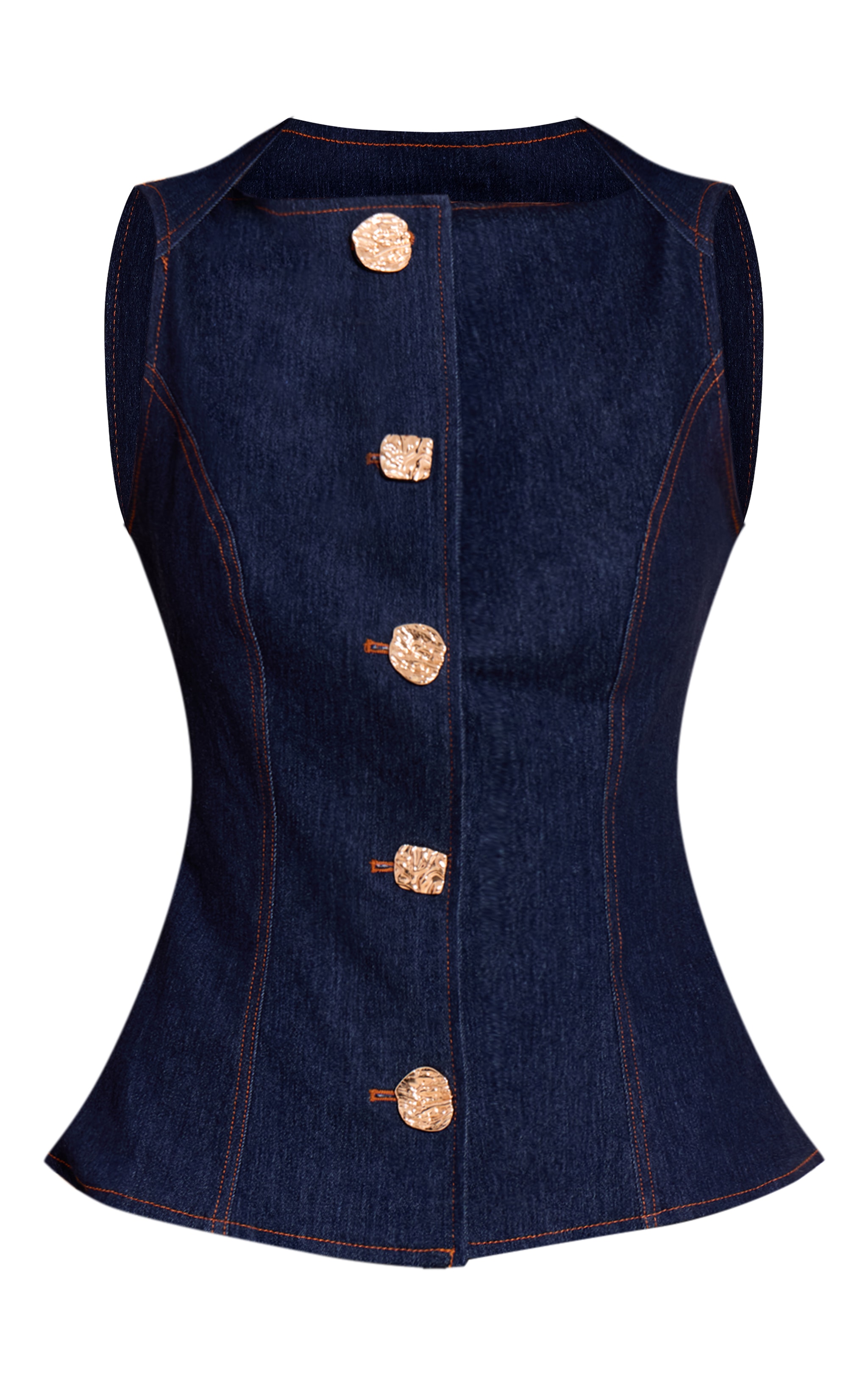 Indigo Blue Chambray Denim Gold Button Detail Top image 5