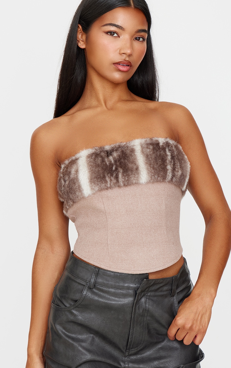 Brown Faux Fur Trim Wool Look Bandeau Corset image 4