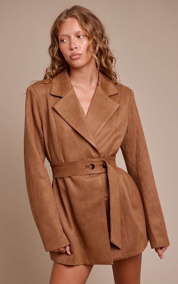 Brown Faux Suede Belt Detail Blazer Dress image 3