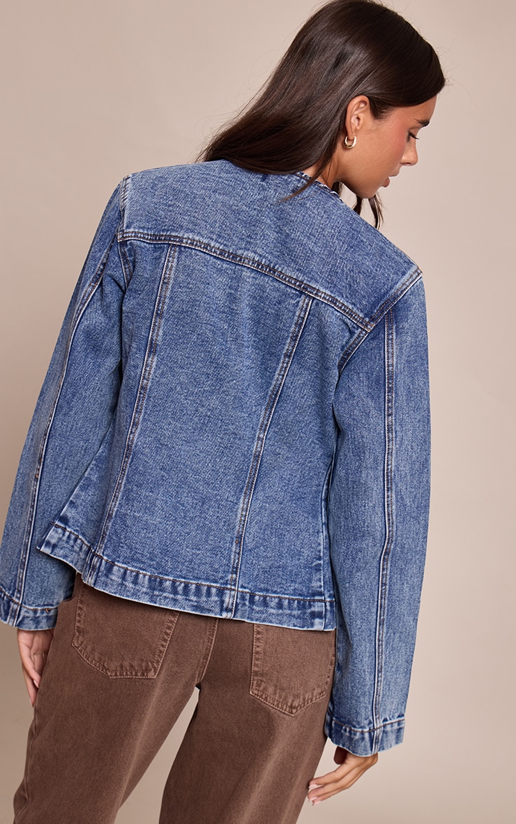 Mid Blue Wash Asymmetric Button Collarless Denim Shirt image 2