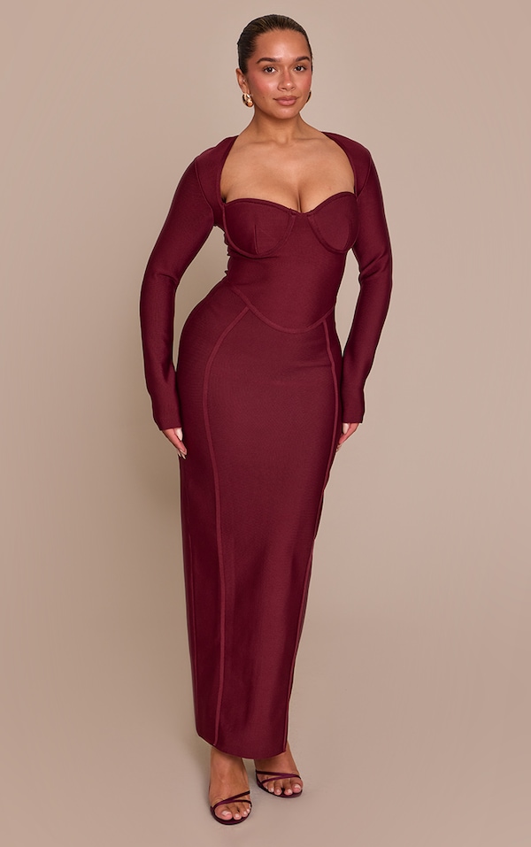 Shape Wine Bandage Long Sleeve Corset Maxi Dress