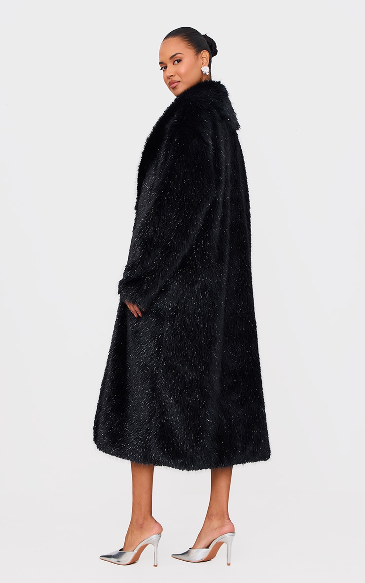 Black Glitter Faux Fur Maxi Coat image 2