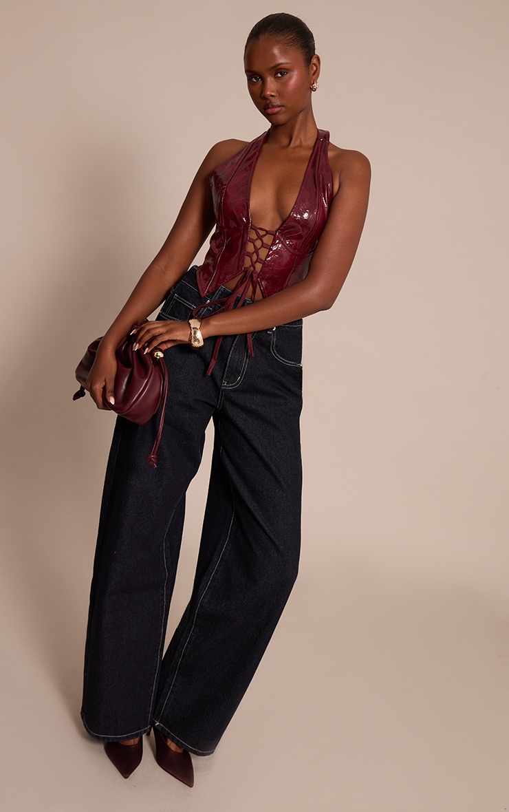 Wine Faux Leather Lace Up Plunge Halterneck Top image 3