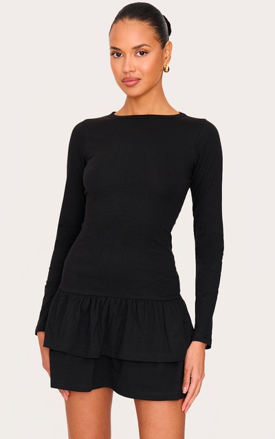 Black Cotton Long Sleeve Tiered Shift Dress