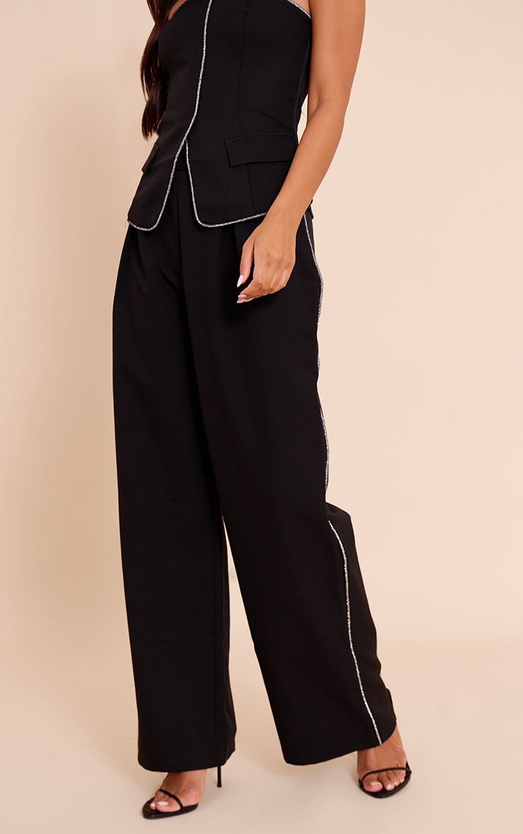 Black Woven Tailored Diamante Trim Wide Leg Pleated Pants image 2
