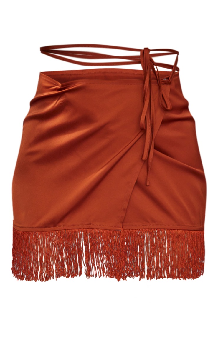 Rust Satin Tassel Hem Mini Skirt image 2