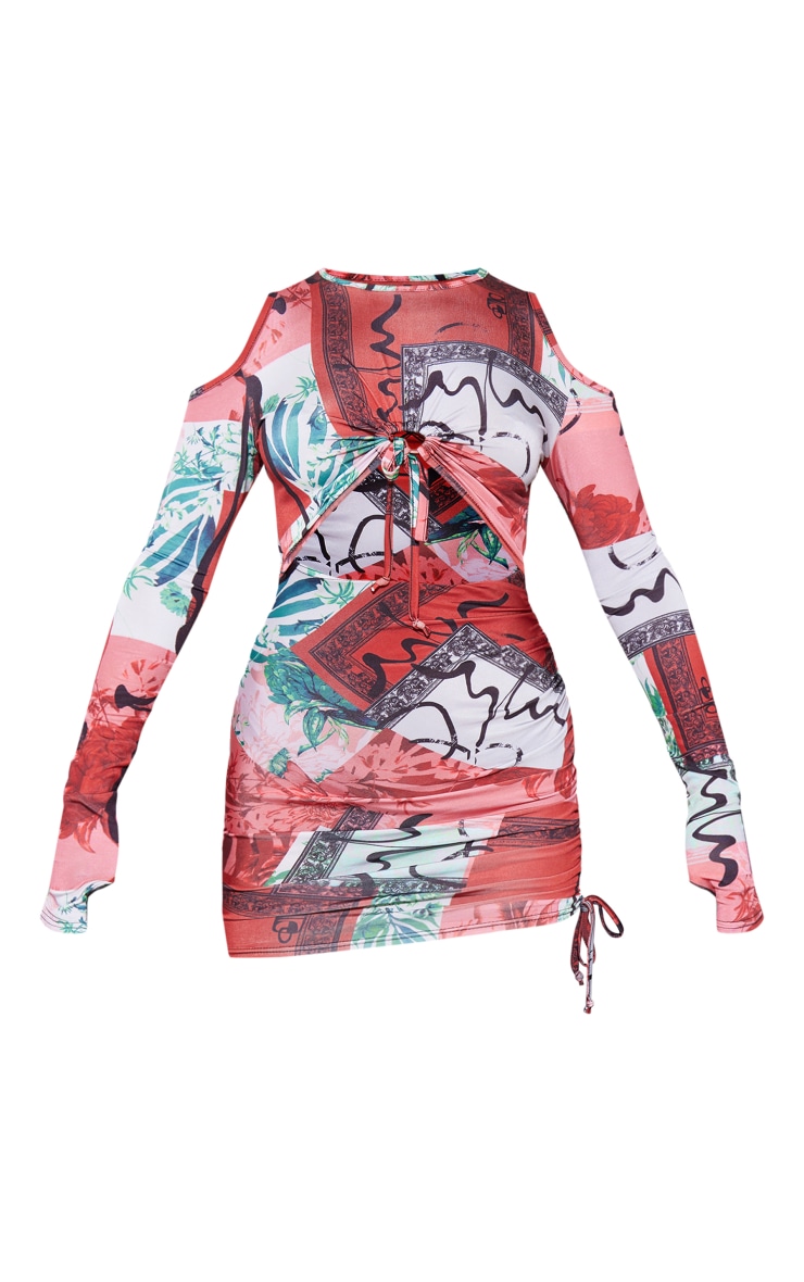 Red Abstract Print Slinky Ruched Cold Shoulder Bodycon Dress image 5