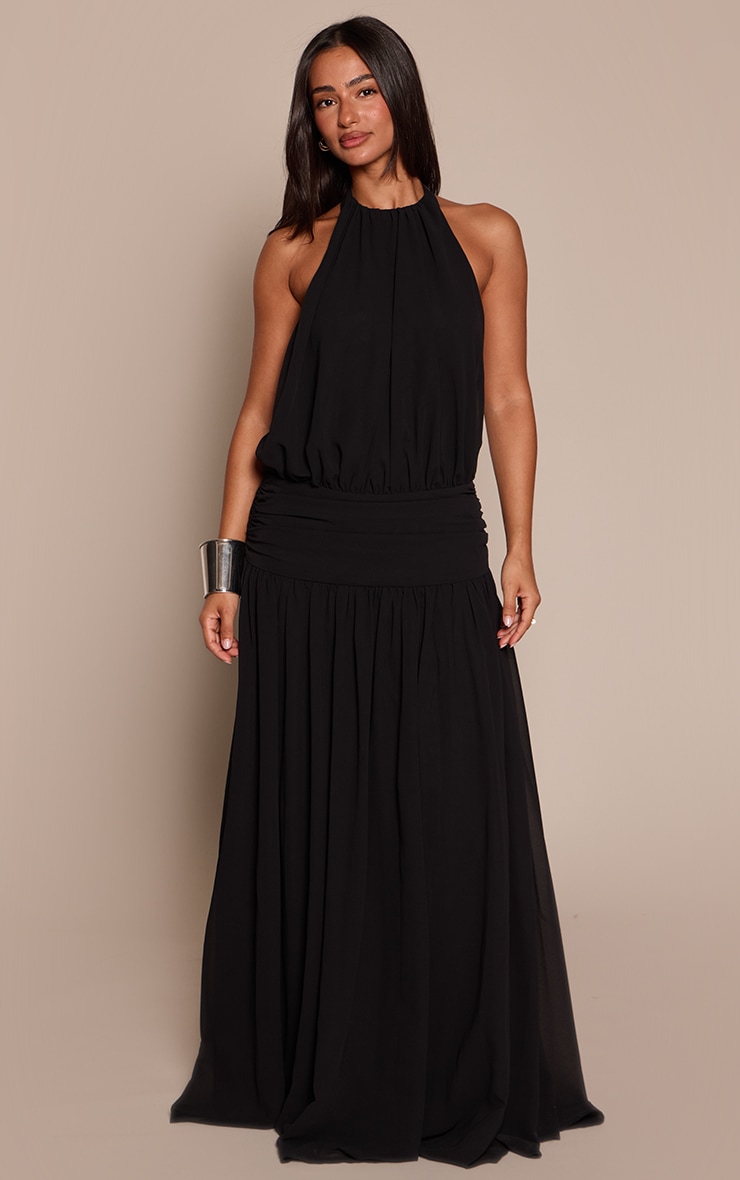 Petite Black Wrap Waist Ruched Chiffon Flowy Maxi Dress  image 3