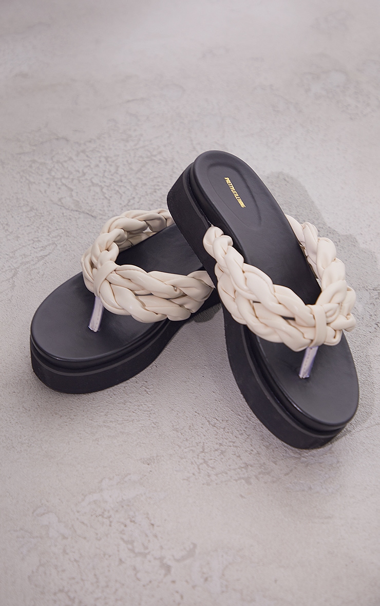 Cream Pu Double Plaited Toe Thong Sandals PrettyLittleThing