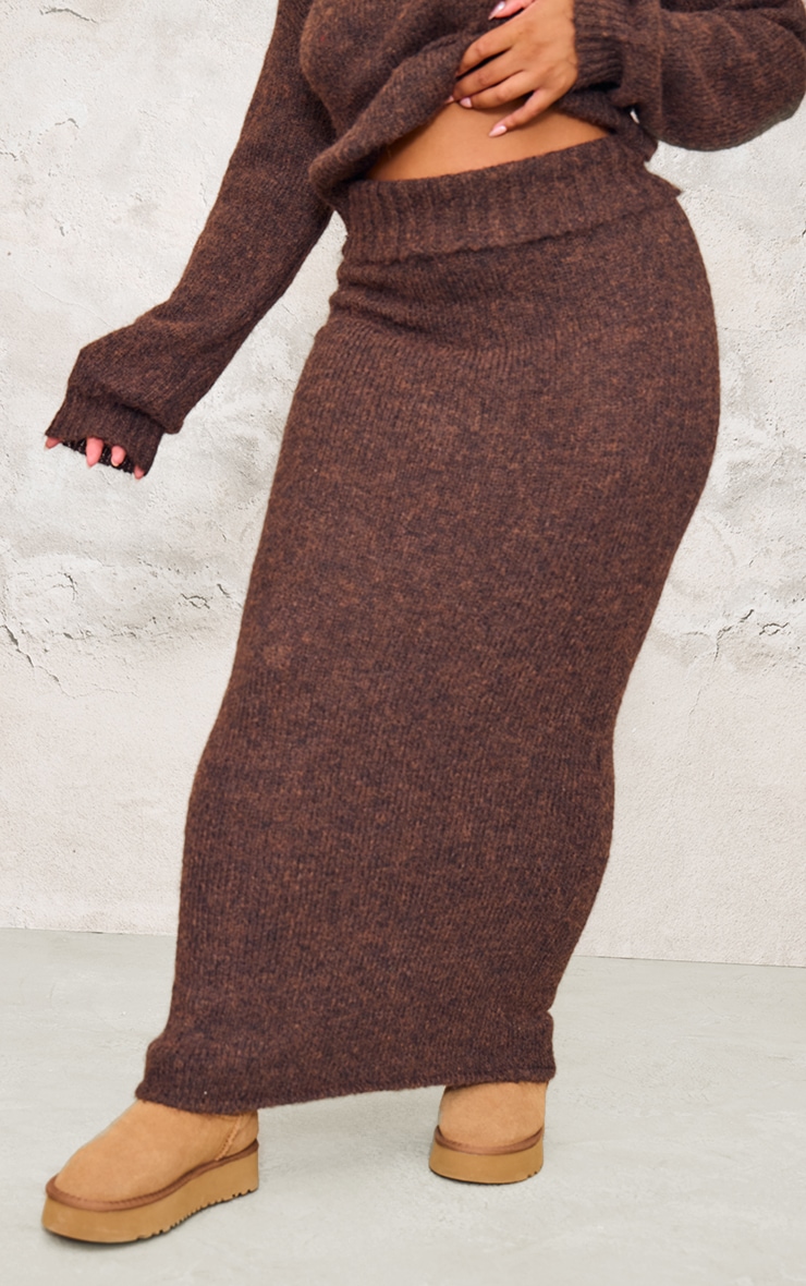 Plus Chocolate Marl Knit Foldover Maxi Skirt image 2