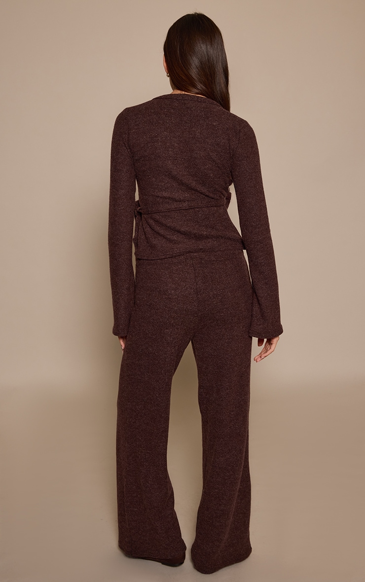 Dark Brown Marl Ribbed Wide Leg Trousers image 3