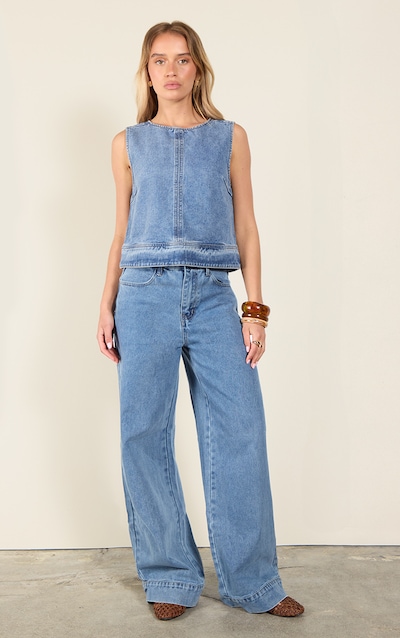 Mid Blue Wash Seam Detail Wide Leg Jeans