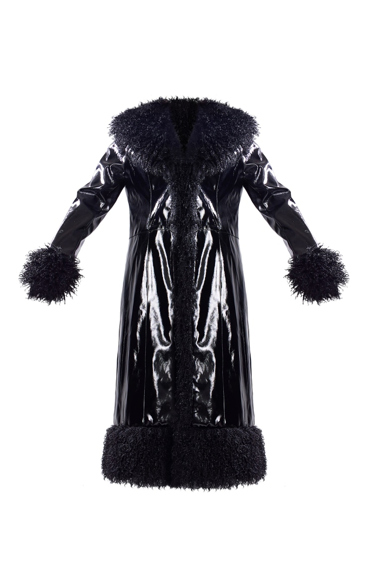 Black Shaggy Faux Fur Vinyl Trench Coat | PrettyLittleThing USA
