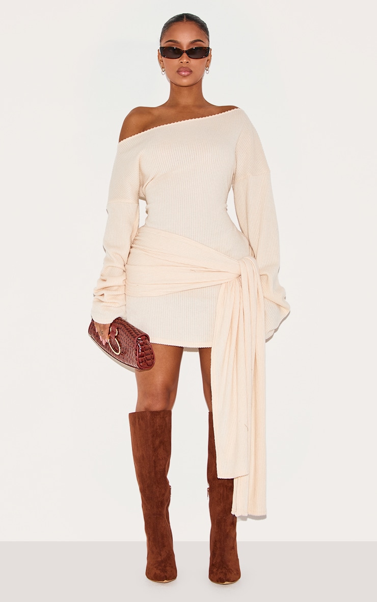 Shape Cream Brushed Rib Boat Neck Wrap Waist Mini Dress image 1