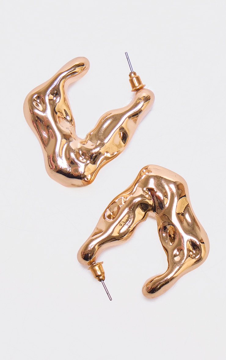 Gold Abstract Chunky Crinkle Hoop Earrings image 3