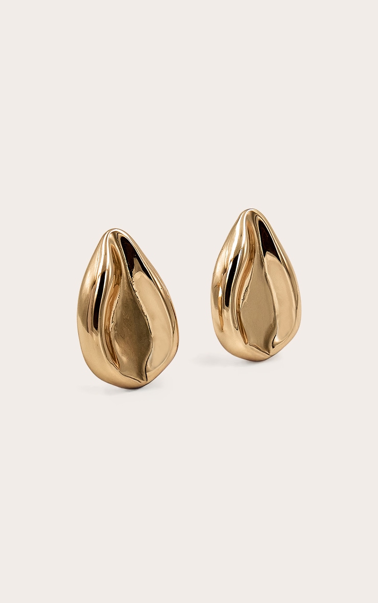 Gold Sculpted Tear Drop Oversized Stud Earrings image 2
