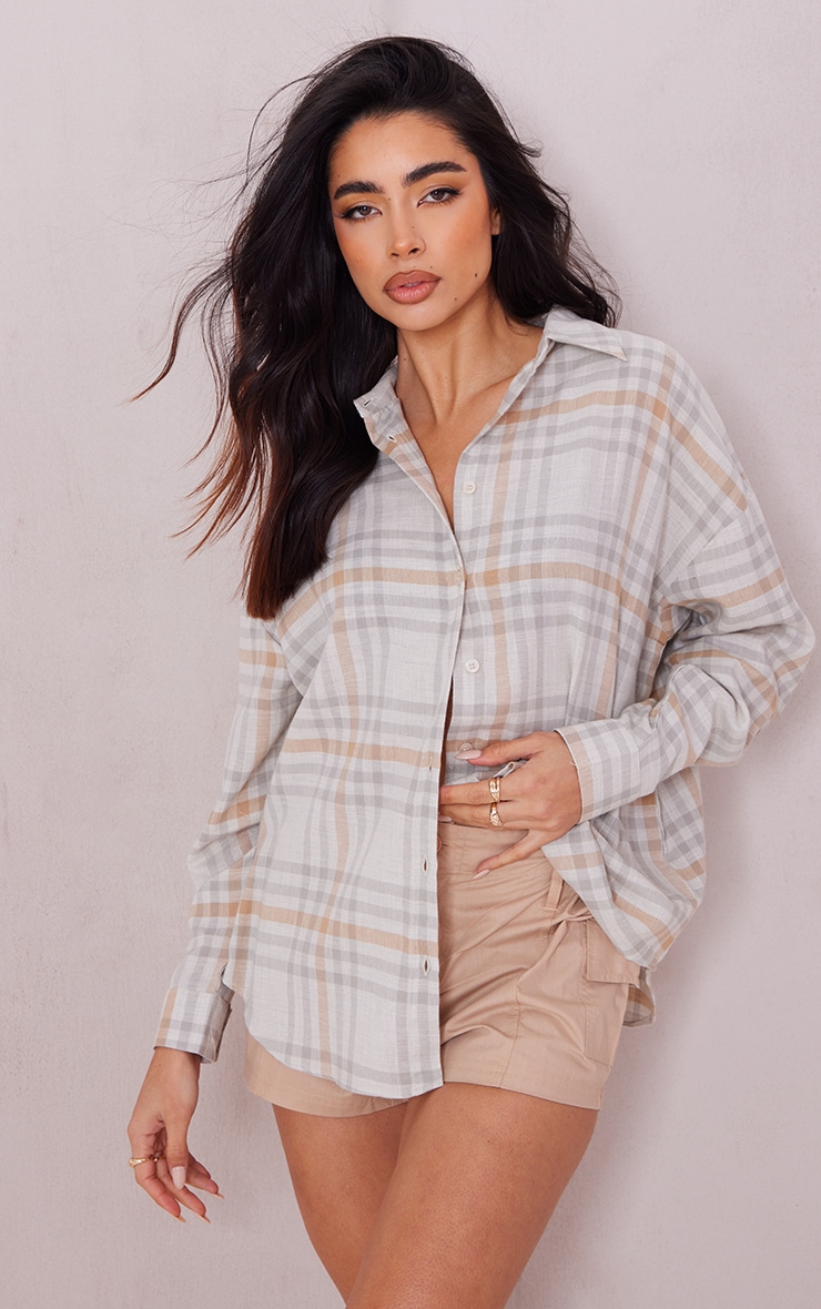 Beige Linen Feel Check Oversized Shirt image 1