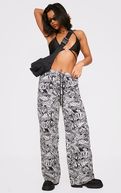 Black Printed Jacquard Drawstring Waist Wide Leg Track Pants
