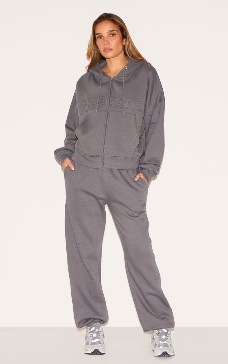 Charcoal Washed Weekend Applique Zip Up Hoodie image 3